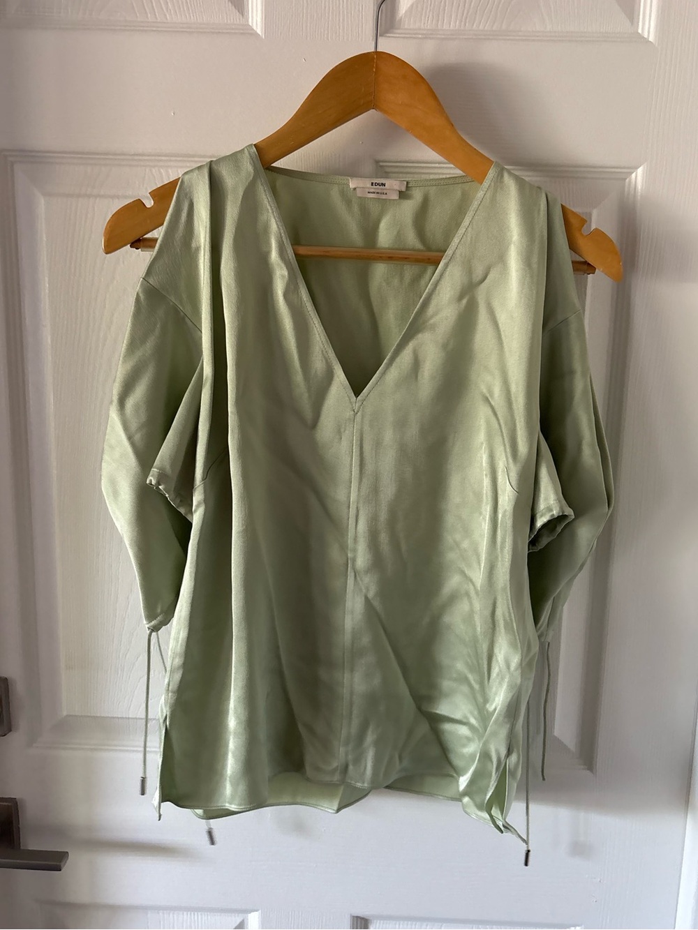 EDUN Liquid Satin Cold-Shoulder V-Neck Tie-Sleeve Blouse Sage Green Size 4